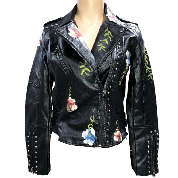 🎉Chic Boho Gorgeous Floral Print Embroidery Faux Leather Moto Bomber Jacket S - Picture 15 of 16